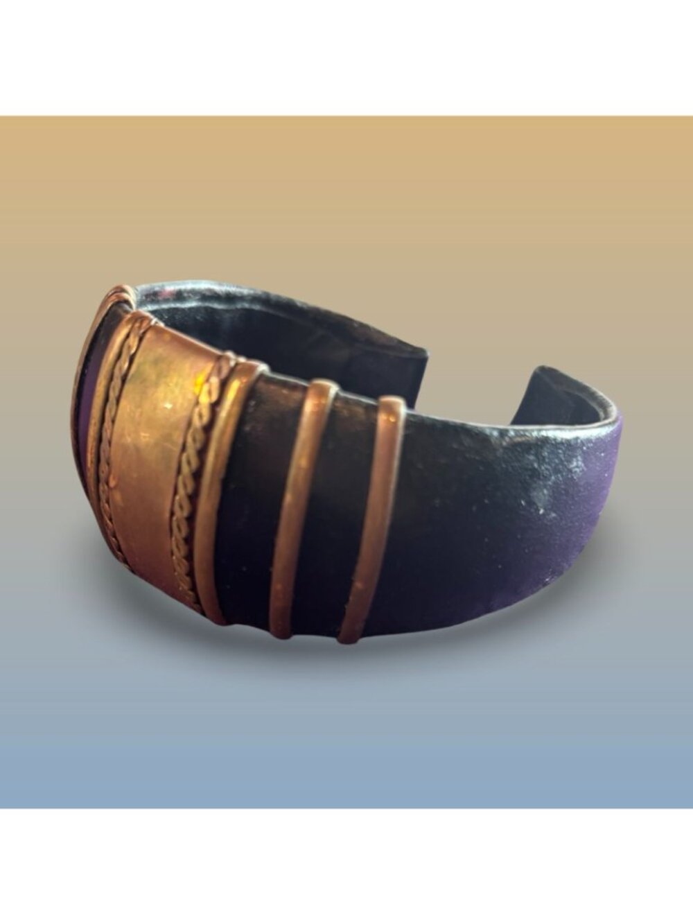 Brass Leather Wide Cuff Bracelet Tribal Inspired Adjustable Open Band Vintage - Picture 4 of 8